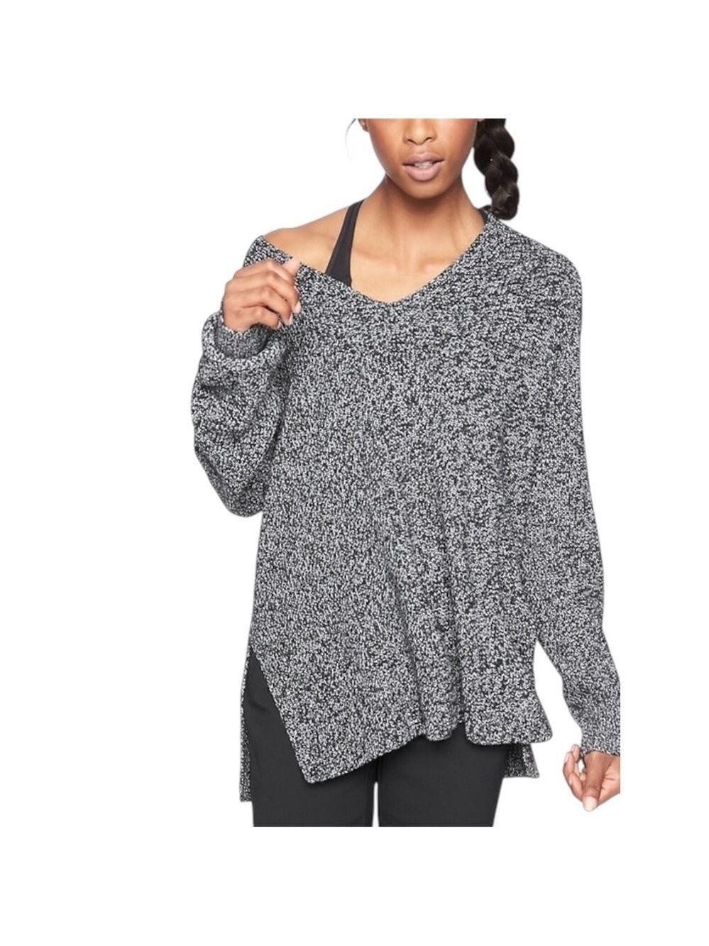 Athleta Switchback Pullover V Neck Sweater Black Marled Size Small
